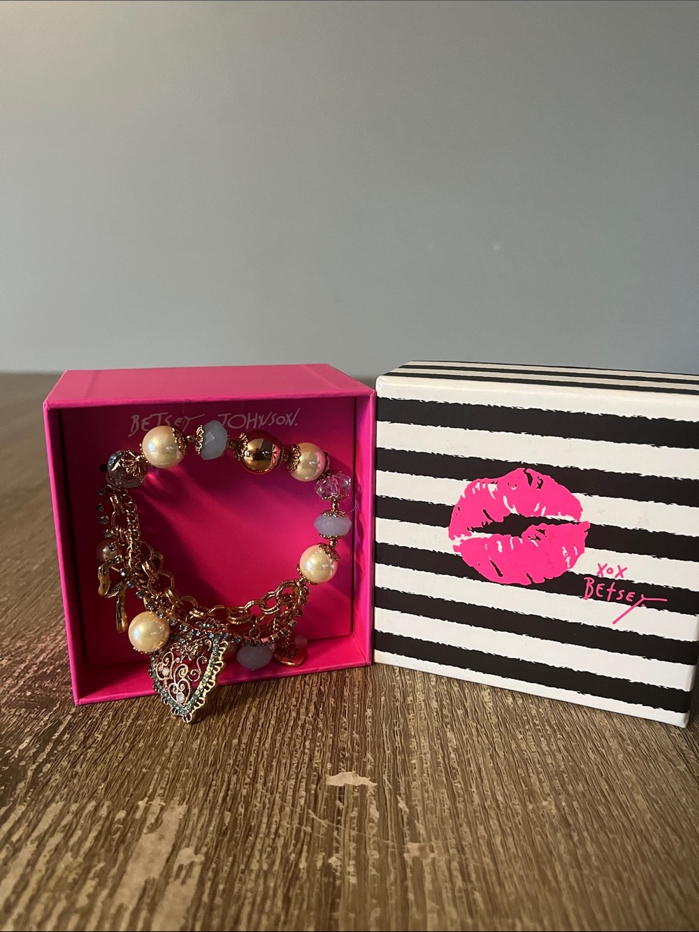 Betsey Johnson Pink, Gold and Pearl Heart Charm Bracelet